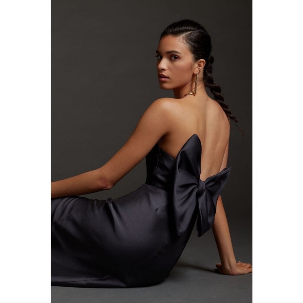 Black Strapless Midi Dress with Bow Back